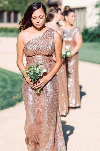 One Shoulder Rose Gold Sequins Sheath Long Bridesmaid Dress - KissProm
