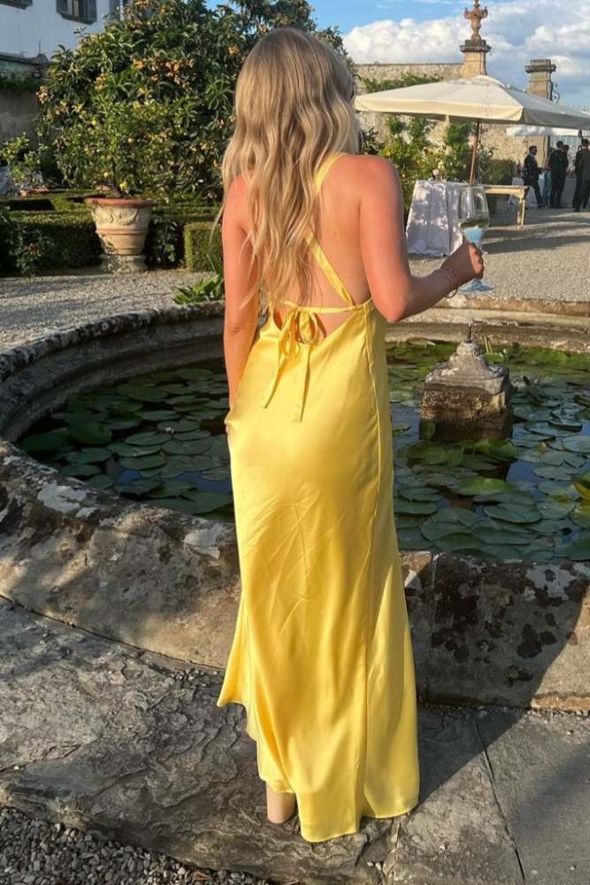 Sheath V - Neck Tie - Back Maxi Dress with Slit in Yellow - KissProm