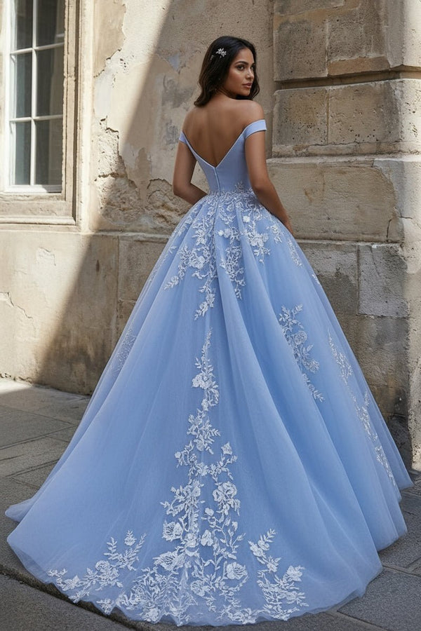 Sky Blue Ball Gown Lace Off the Shoulder Prom Dress - KissProm