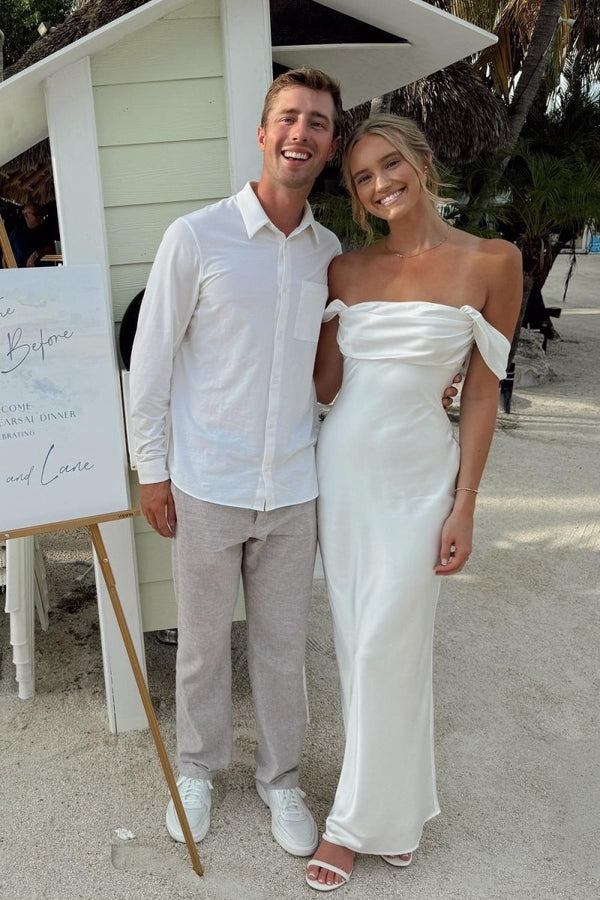 Off the Shoulder Coral Mermaid Satin Long Party Dress -KissProm