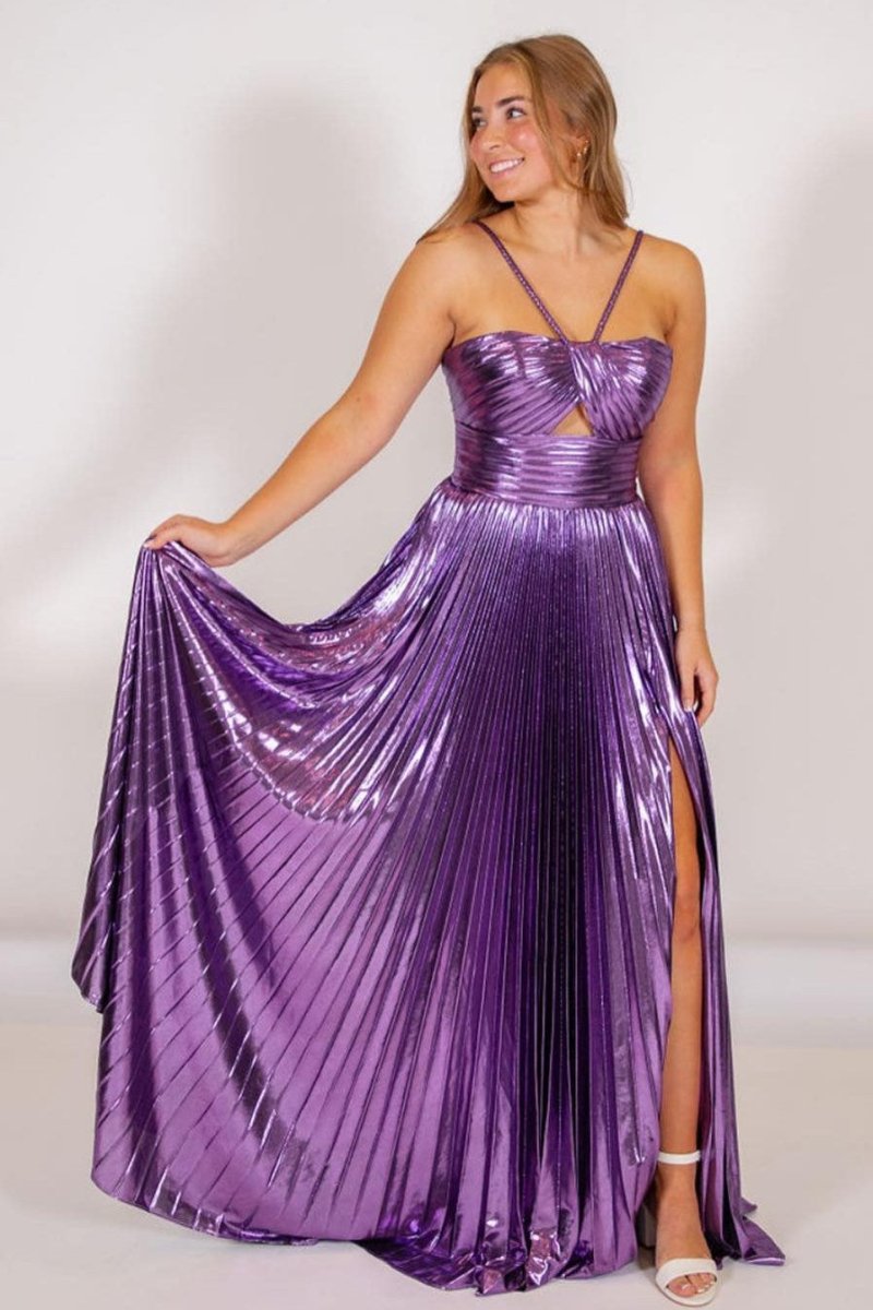 Metallic Keyhole Spaghetti Strap Long Prom Dress with Slit, Purple / 00 Metallic Keyhole Spaghetti Strap Long Prom Dress with Slit, Purple / 00