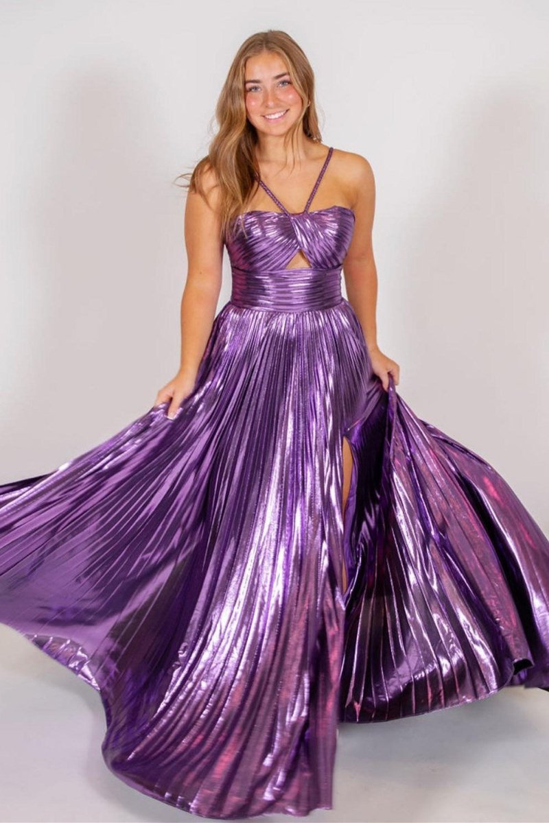 knee length dresses for ladies Metallic Keyhole Spaghetti Strap Long Prom Dress with Slit, Purple / Custom Size