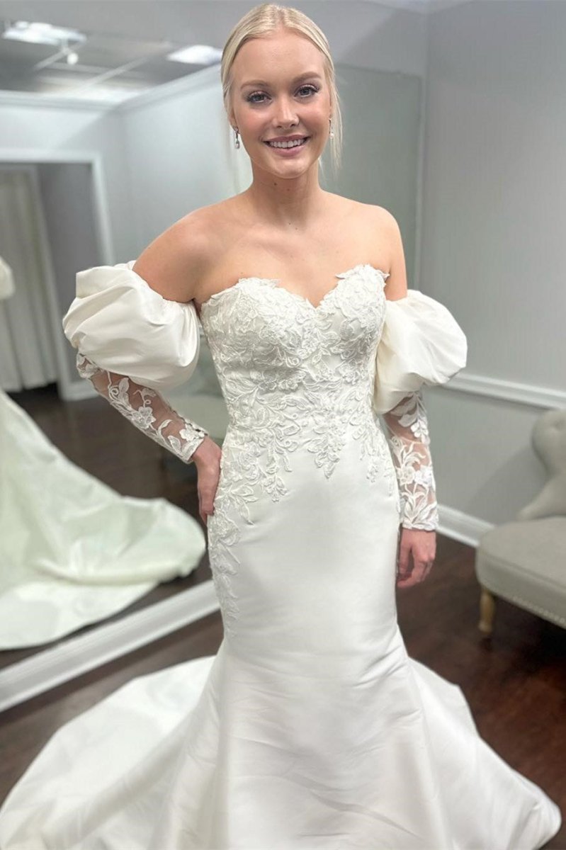 White Appliques Off-the-Shoulder Mermaid Wedding Dress with Detached Sleeves