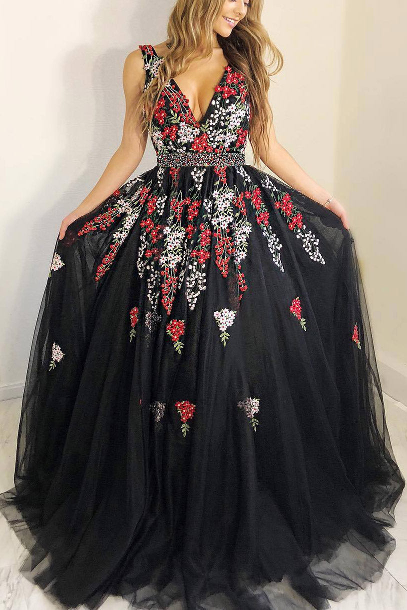 Susie | Princess A-line Black Long Prom Dress with Embroidery