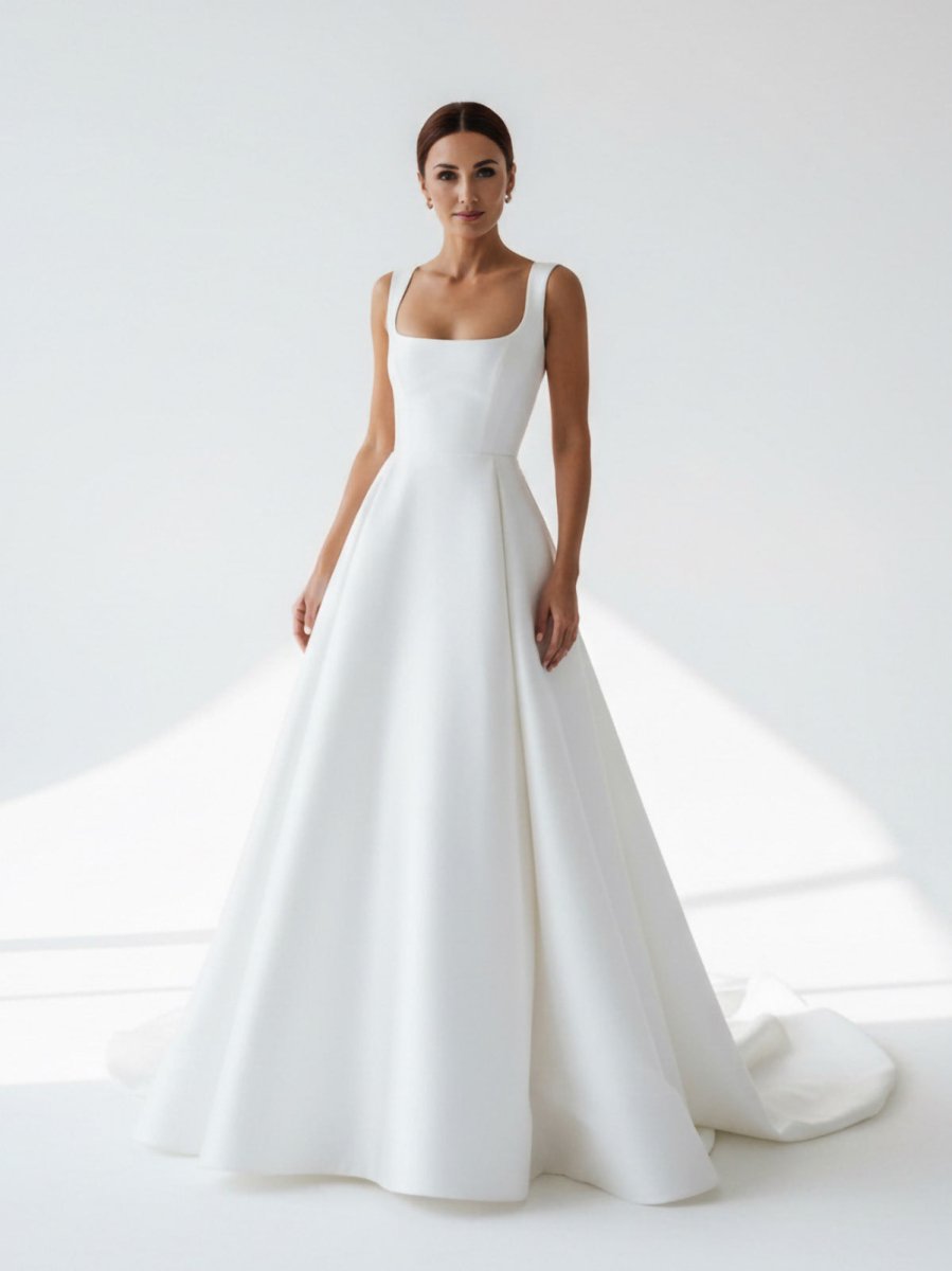 Simple A-Line Square Neck White Satin Wedding Dresses Simple A-Line Square Neck White Satin Wedding Dresses