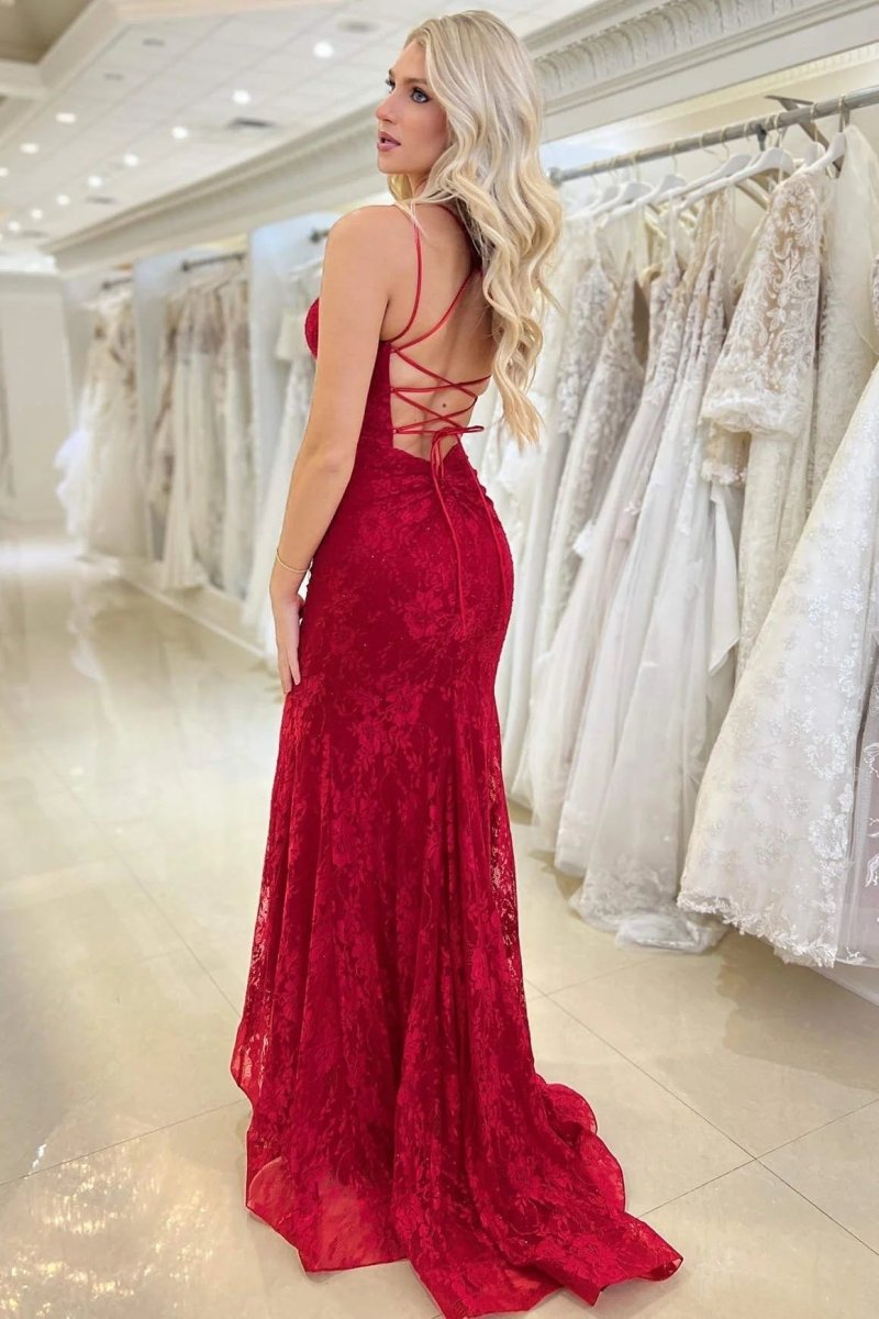 red lace backless prom dress Burgundy Prom Dress Backless Red Backless Mermaid Gown Mermaid Spaghetti Straps Lace Backless