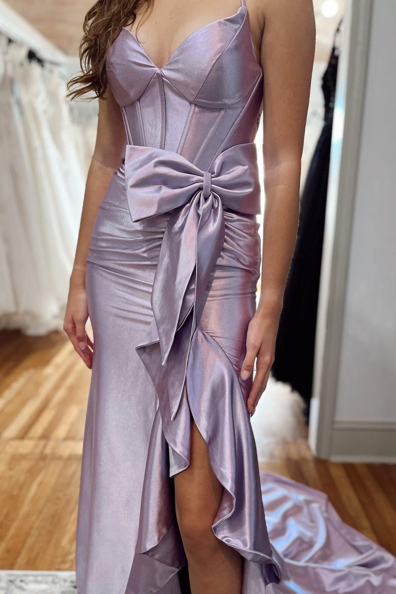 KissProm-Jianna Lavender Straps V-Neck Satin Mermaid Prom Dress With Bow