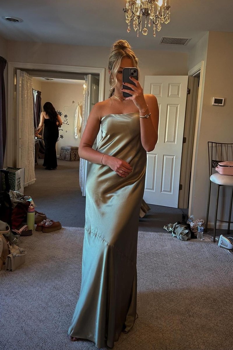 Strapless Olive Green Satin Sheath Long Party Dress - KissProm