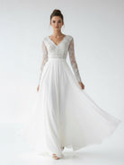 Romantic Modern A Line Floor - length Chiffon Lace V - neck Long Sleeve Wedding Dress - KissProm