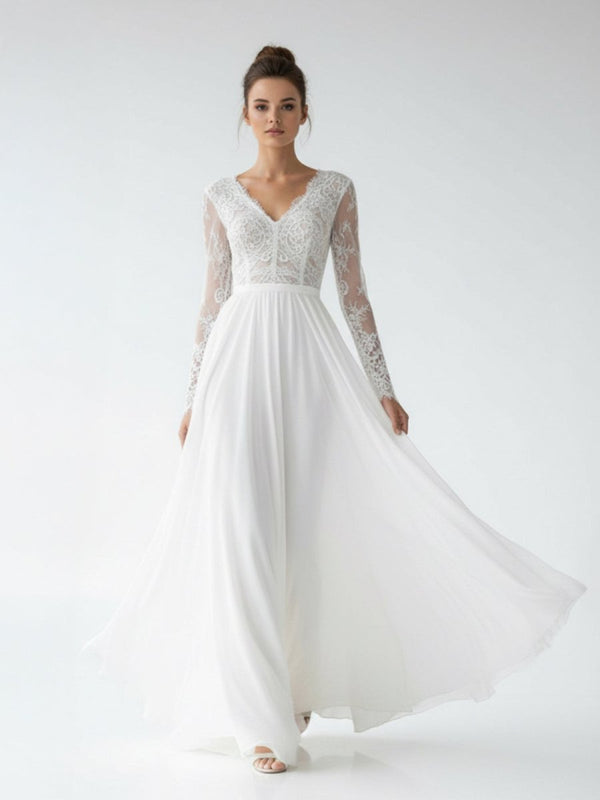 Romantic Modern A Line Floor - length Chiffon Lace V - neck Long Sleeve Wedding Dress - KissProm