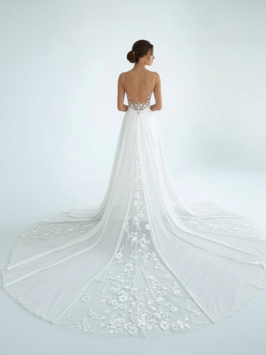 A - Line V Neck Chiffon Boho White Appliques Wedding Dresses - KissProm