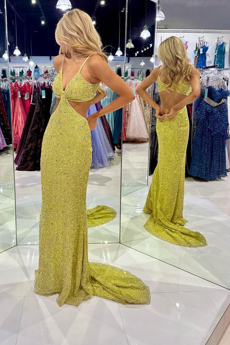 Terri | Mustard Green Sequins Deep V Neck Cutout Long Prom Dresses