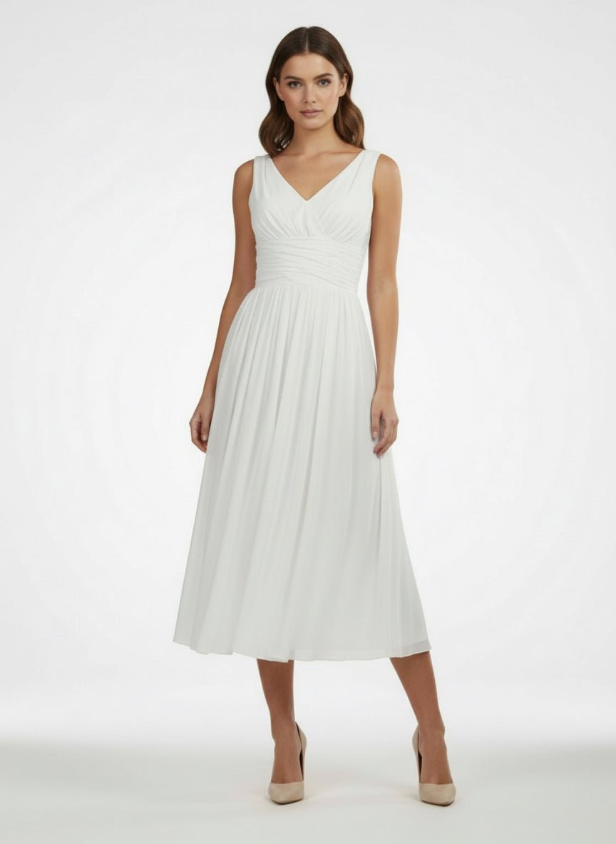 V - Neck Sleeveless Tea - Length Chiffon Wedding Dress With Ruching And Low - V Back - KissProm