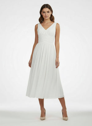 V - Neck Sleeveless Tea - Length Chiffon Wedding Dress With Ruching And Low - V Back - KissProm