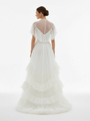 High Split A - Line See - through Short Sleeves Ruffle Tulle Wedding Dresses - KissProm