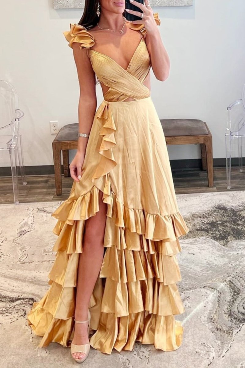 Red Cutout Ruffle A-Line Long Prom Dress with Slit, Gold / 8 / Taffeta Red Cutout Ruffle A-Line Long Prom Dress with Slit, Gold / 8 / Taffeta