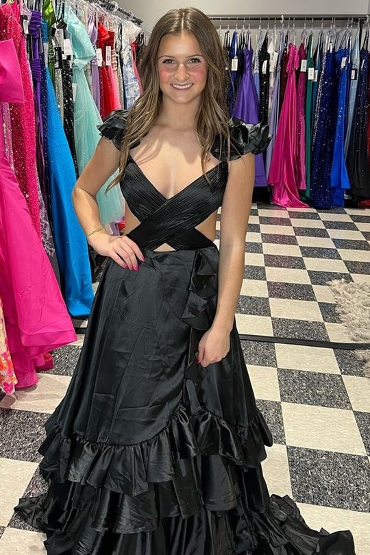 Red Cutout Ruffle A-Line Long Prom Dress with Slit, Black / 6 / Taffeta Red Cutout Ruffle A-Line Long Prom Dress with Slit, Black / 6 / Taffeta