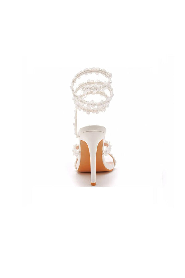 White Flower Ankle Wrap Strap Open Toe Ultra High Heels - KissProm