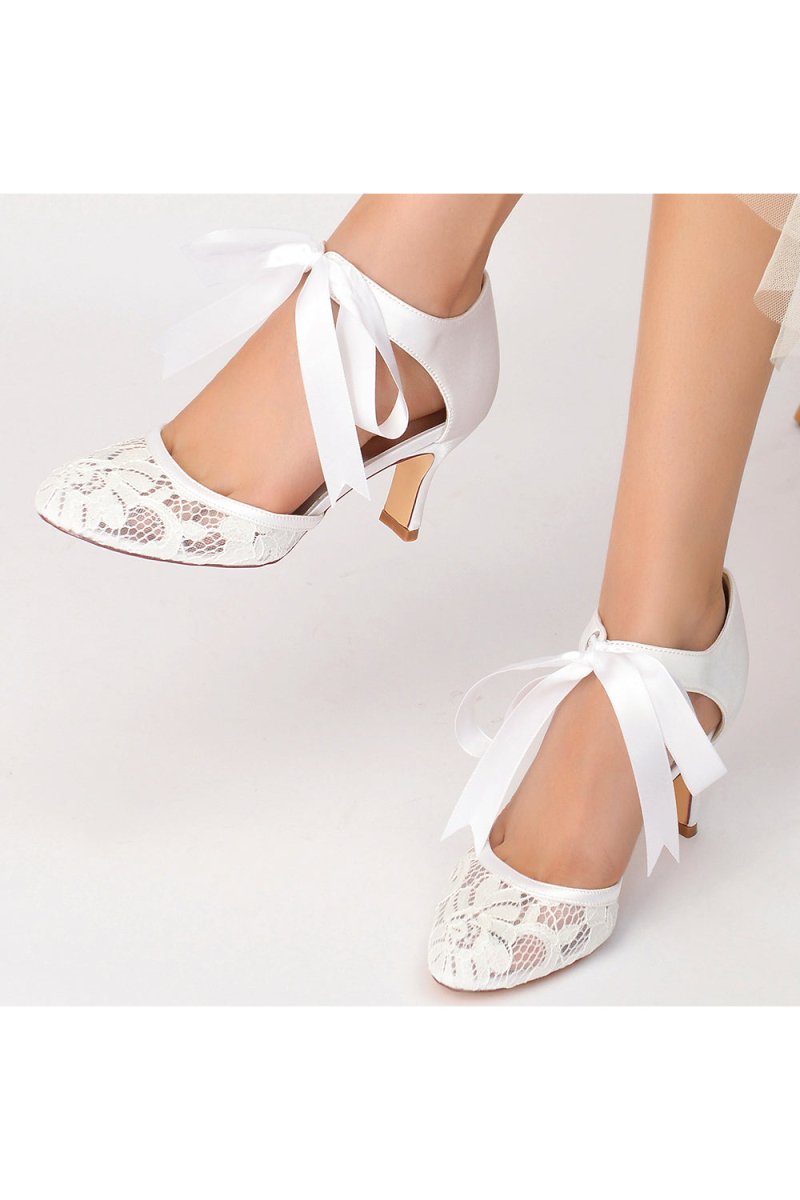 Elegant White Lace High Heels with Bow Accent - KissProm
