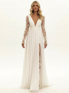 Long Sleeve Boho Flowy Wedding Dress Lace A-Line V-Neck Beach Gown with Split Front and Sweep Train