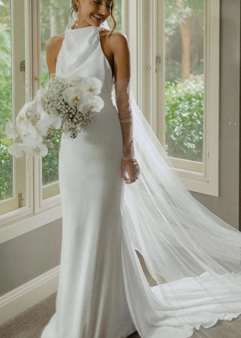 Hessie | Elegant Mermaid White Halter Satin Wedding Dresses
