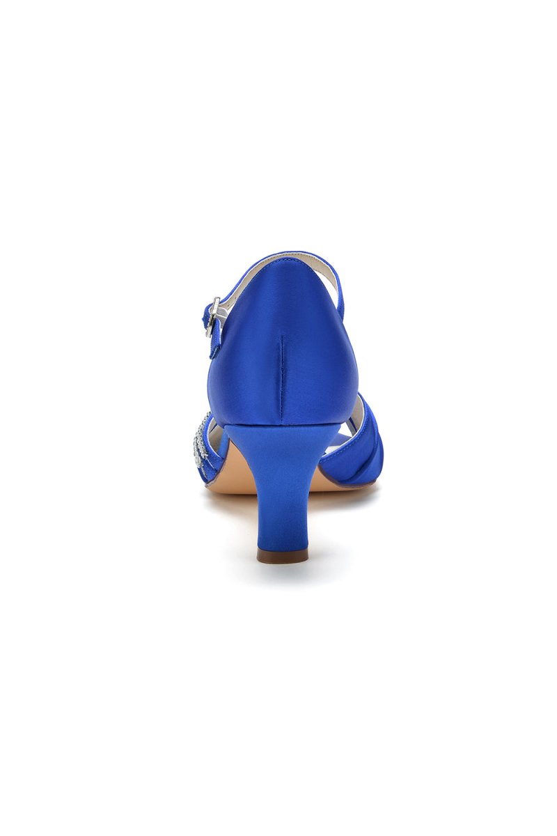 Blue Satin Heels with Elegant Silver Buckle and Rhinestone Detail - KissProm