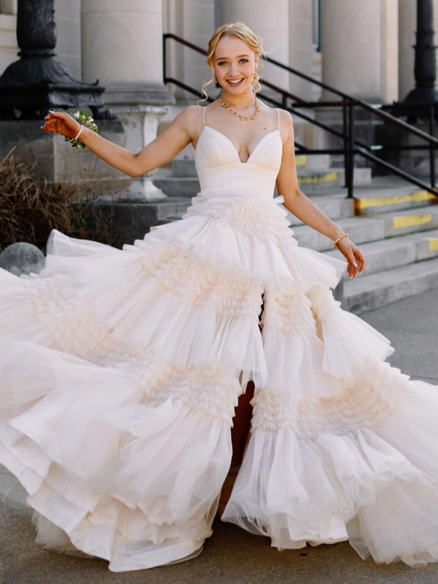 Amanda | Tulle Deep V Neck Spaghetti Straps Long Prom Dress