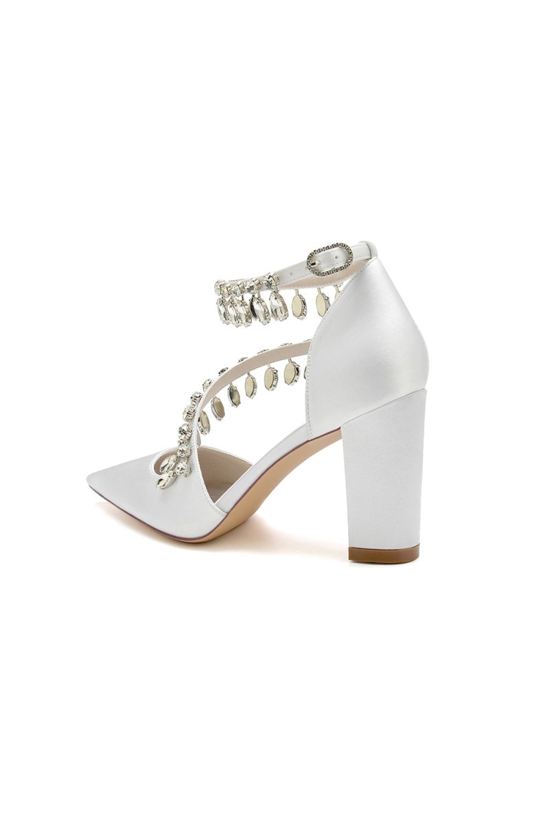 White High Heels with Chain and Crystal Accent - KissProm