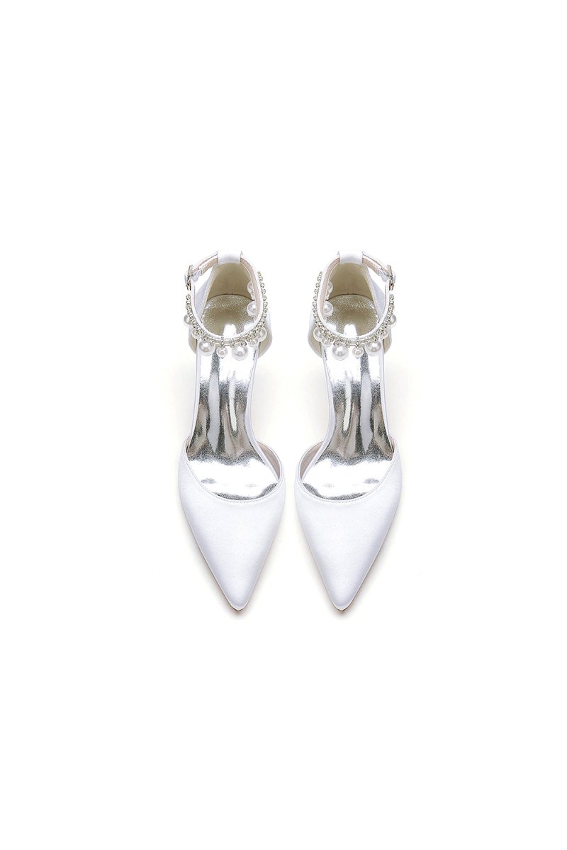 Pointed Toe Pearl Strap Kitten Heels - KissProm