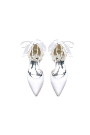 Pointed Toe Pearl Ribbon Ankle Strap Kitten Heels - KissProm