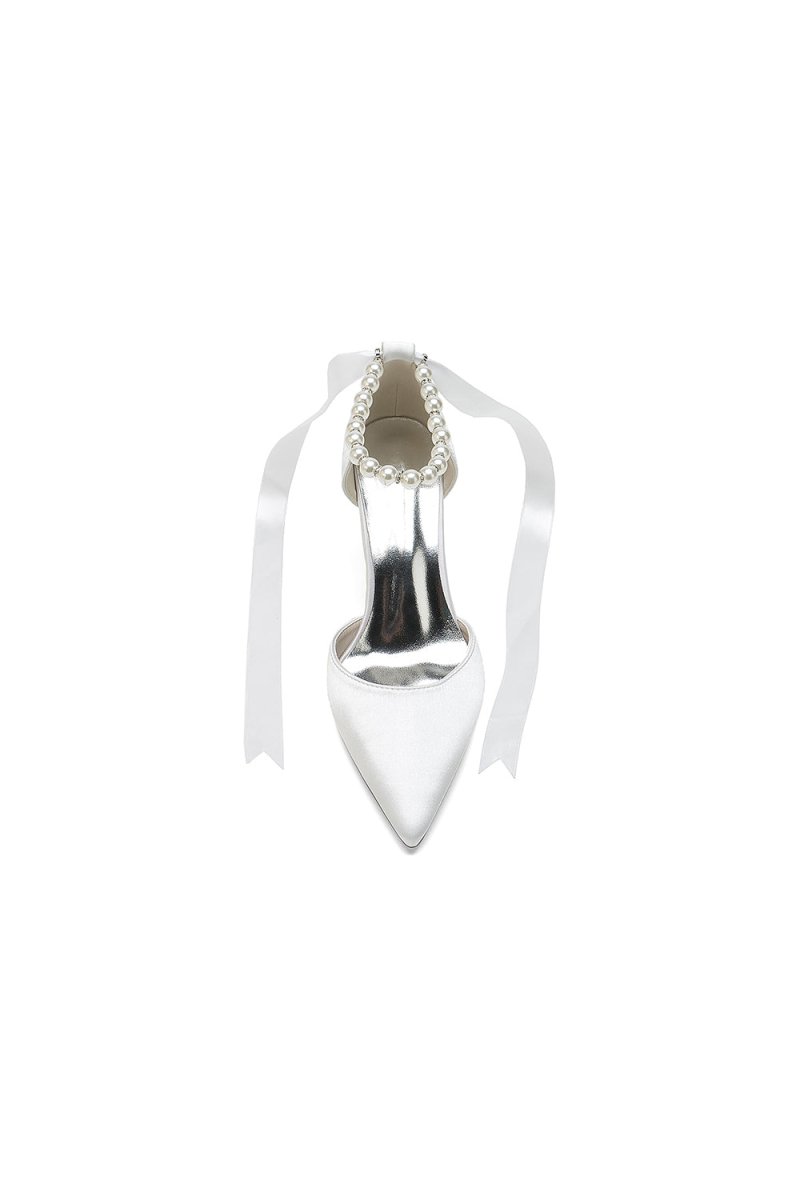 Pointed Toe Pearl Strap Ribbon Tie High Heel - KissProm