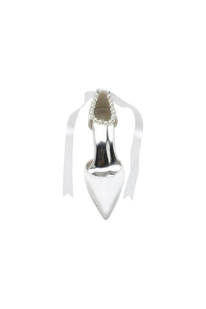 Pointed Toe Pearl Strap Ribbon Tie High Heel - KissProm