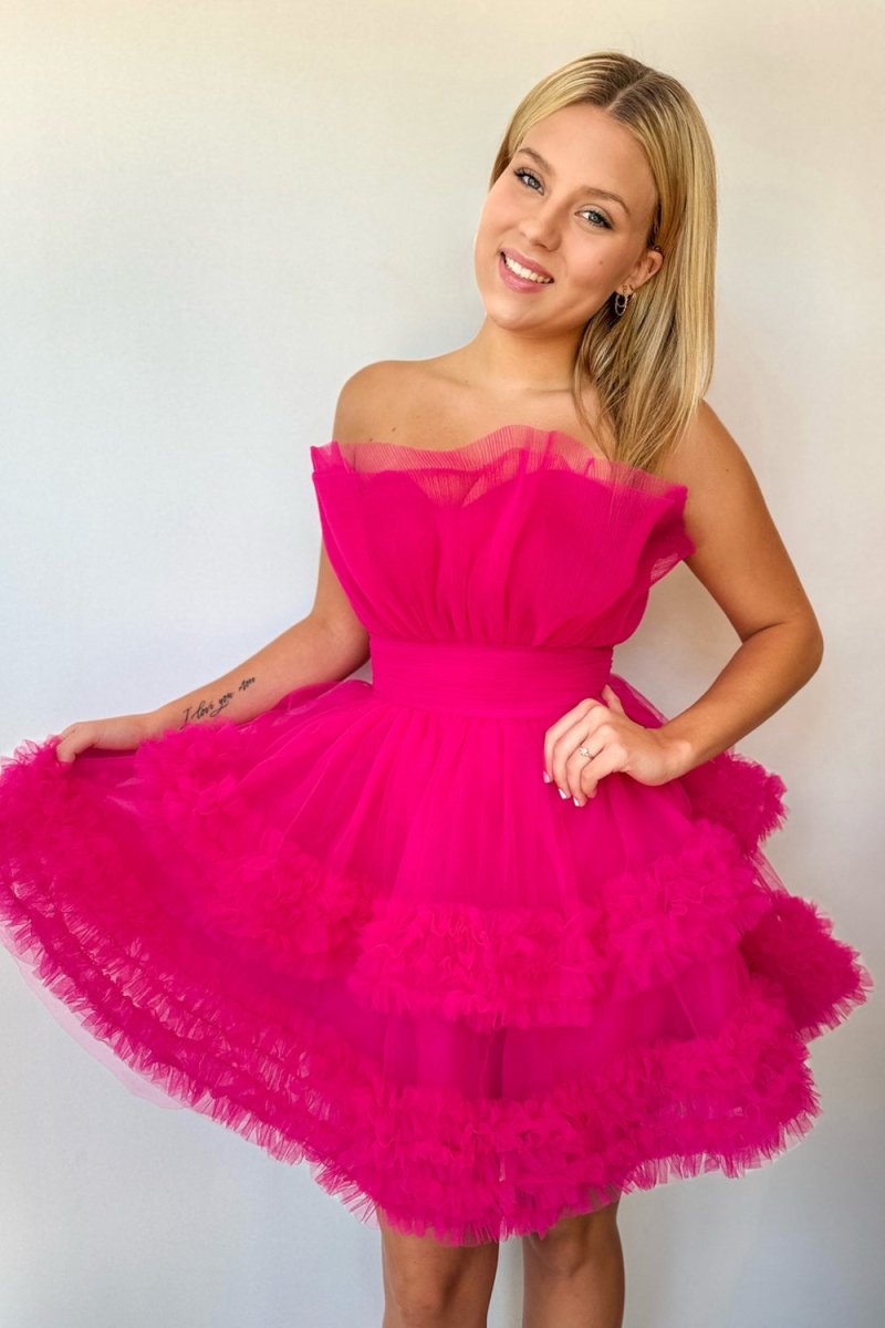 Meagan | Fuchsia Strapless Tiered Tulle Short Homecoming Dresses - KissProm