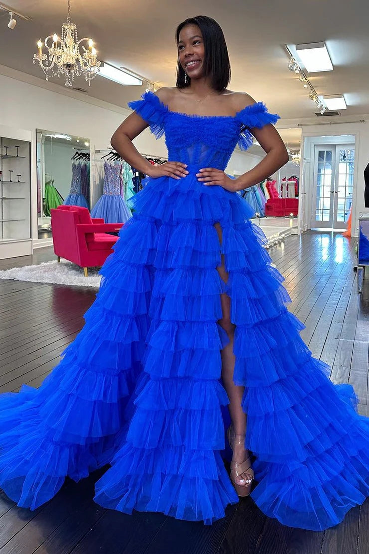 Adalynn | Royal Blue Off the Shoulder Ruffle Tiered Tulle Long Prom Dresses with Slit