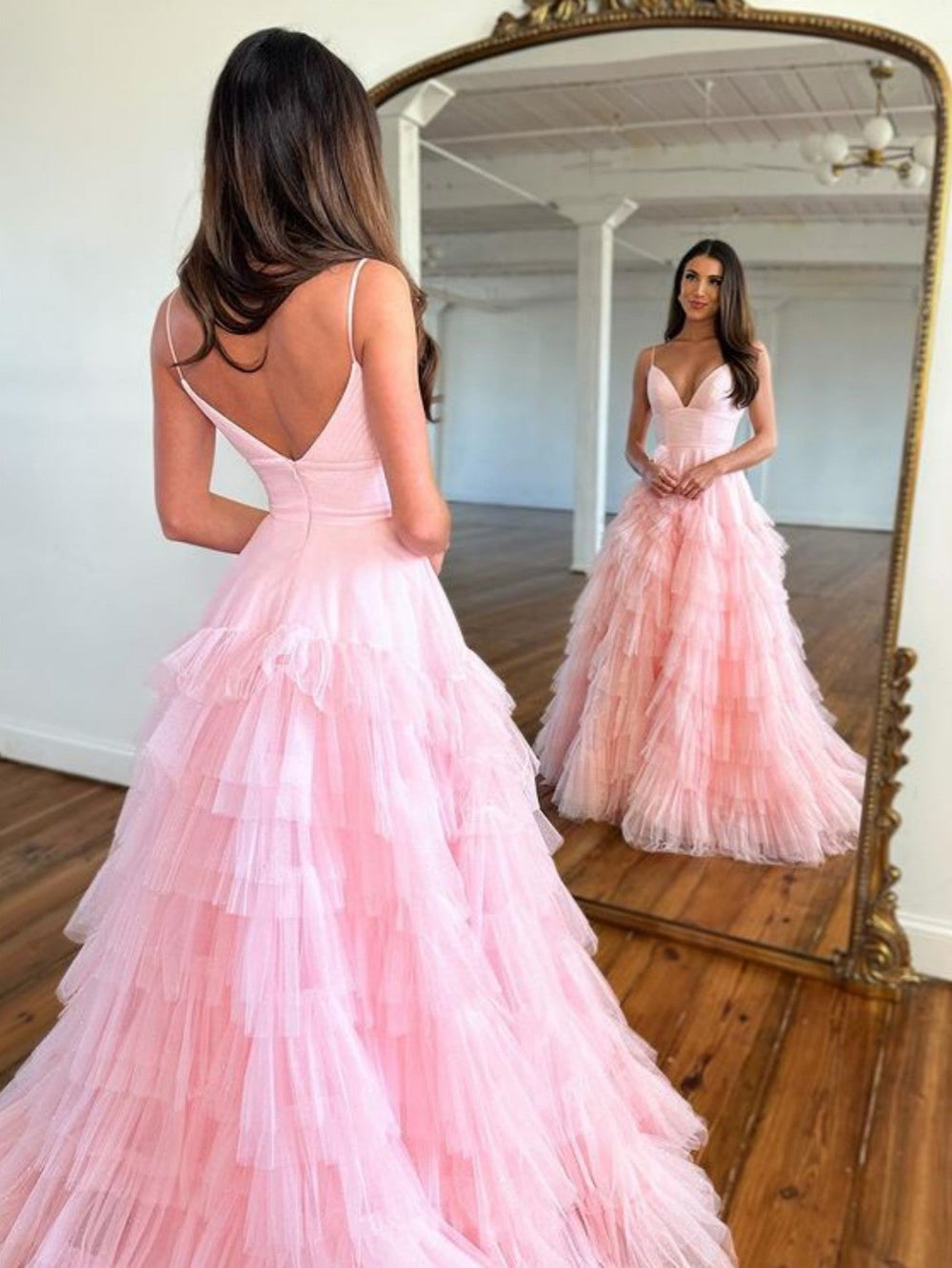 Spaghetti Straps V Neck Pink A Line Tulle Prom Dress main image 1