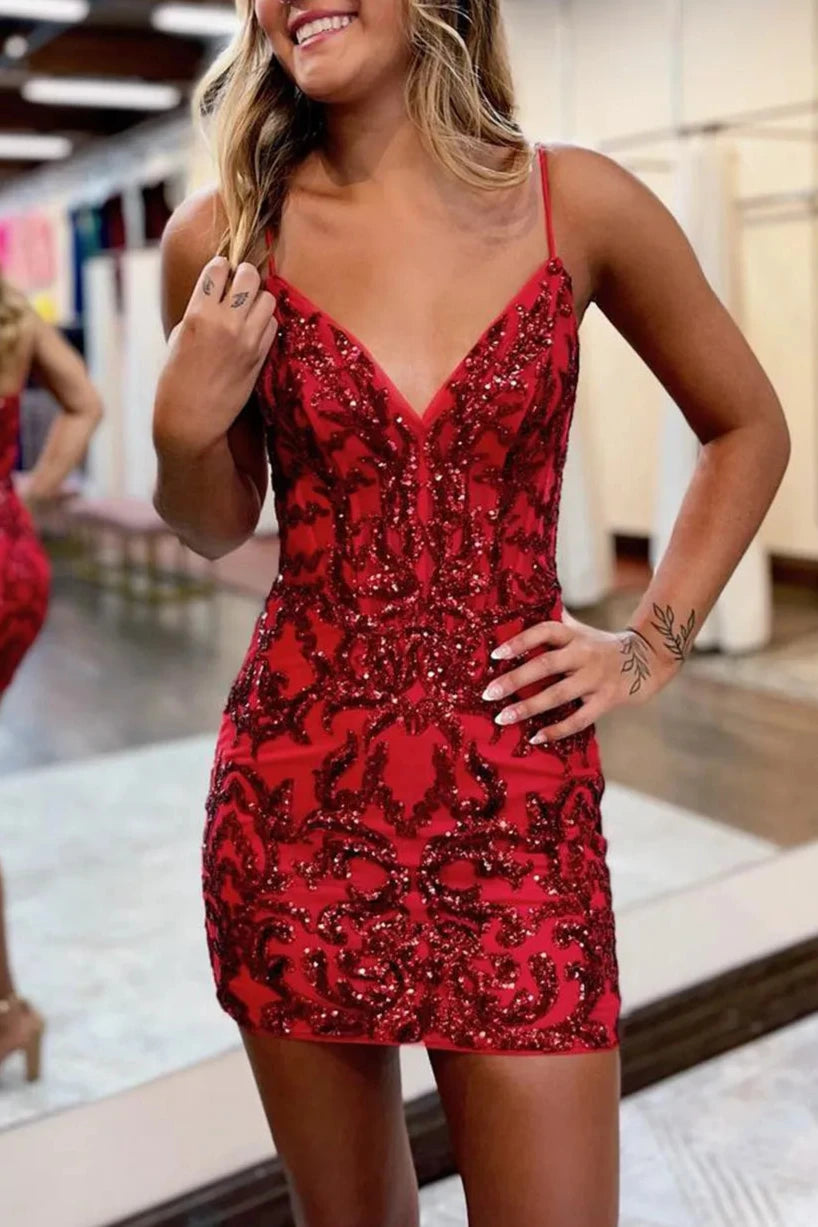 Arianna | Glitter Fitted V-Neck Spaghetti Straps Sequined Appliques Homecoming Dress