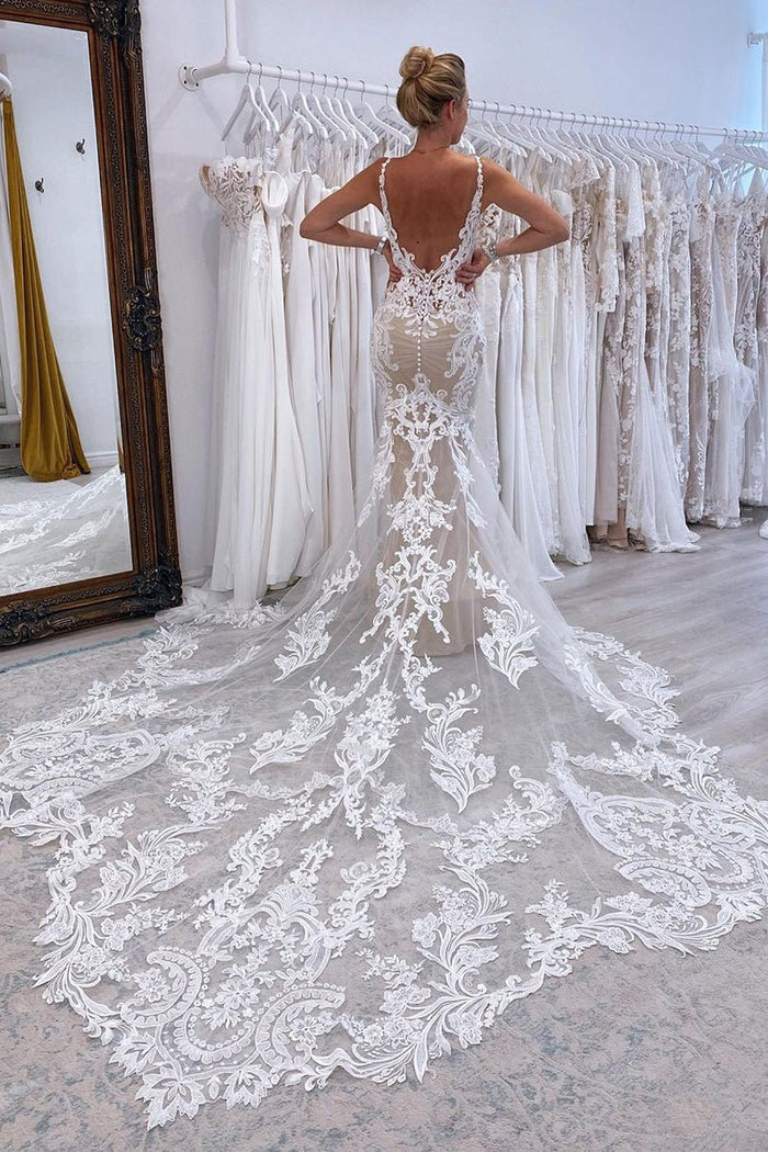 Mermaid V Neck Sleeveless Tulle Wedding Dress, Lace Flowers main image 1
