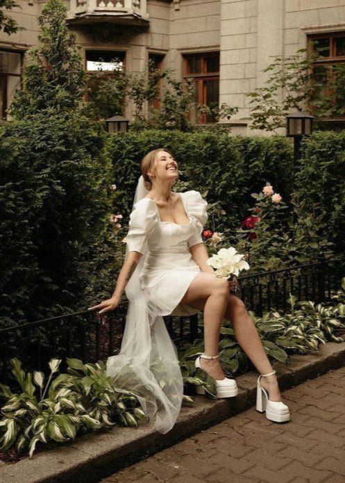 Zola | Bodycon Square Neck Satin Short Wedding Dresses with Lantern Sleeves