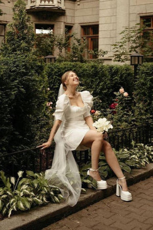 Zola | Bodycon Square Neck Satin Short Wedding Dresses with Lantern Sleeves