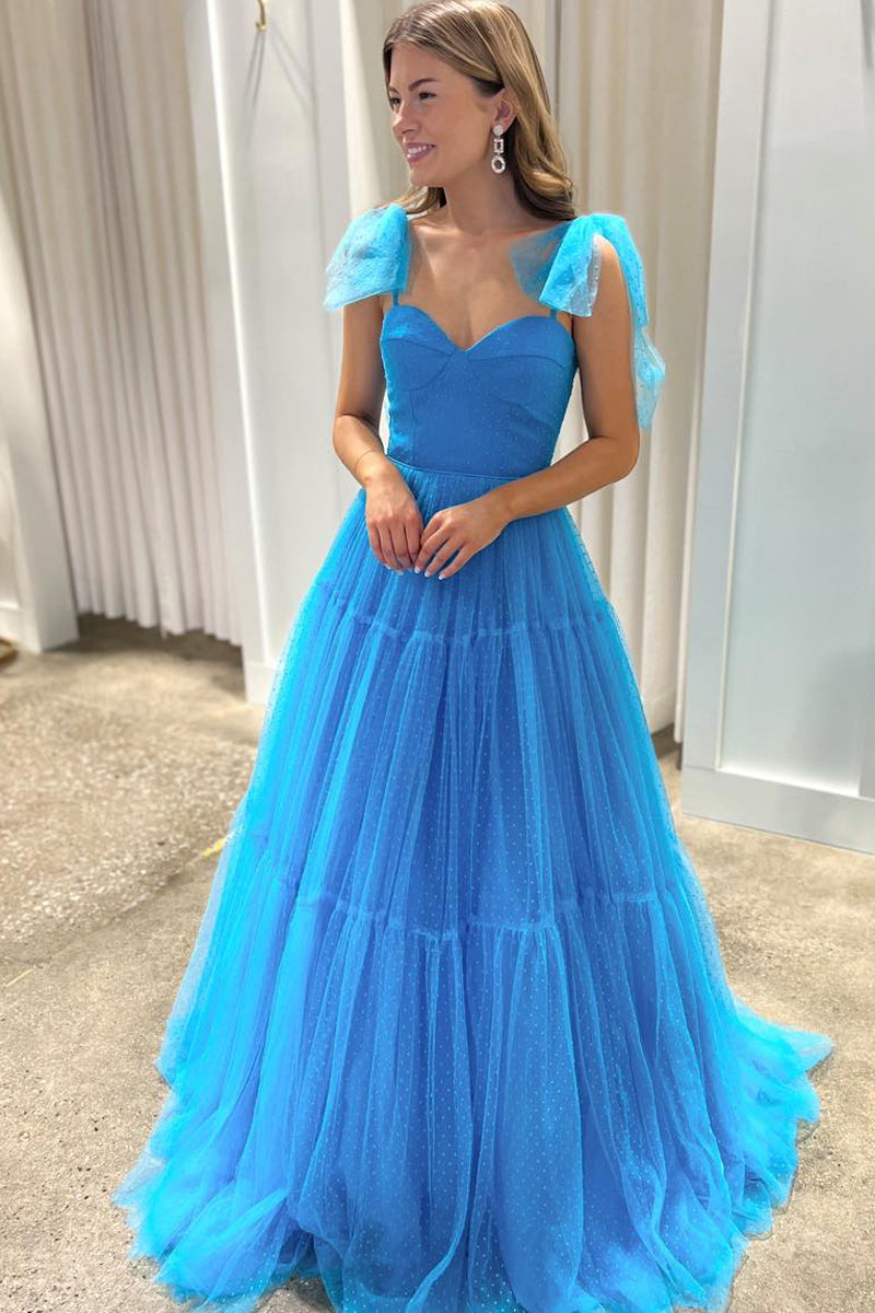 Stacey | Blue Sweetheart Tie Straps Tulle A-Line Long Prom Dress
