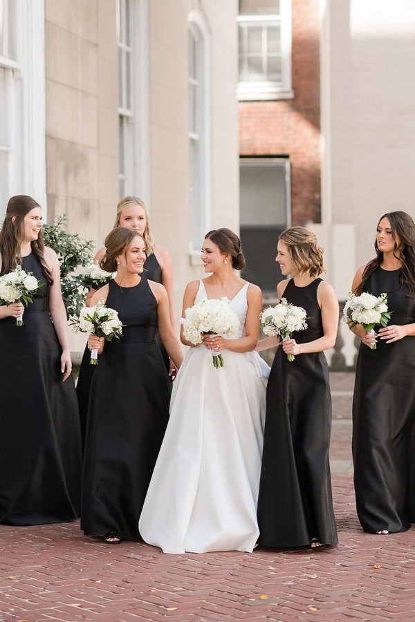 Simple A - Line Round Neck Black Satin Long Bridesmaid Dresses - KissProm