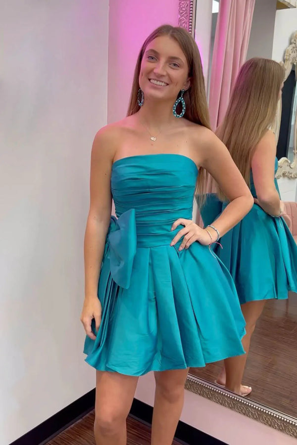 A-Line Strapless Pleated Party Dress with Bow – Homecoming Dress by KissProm | Available at KissProm
