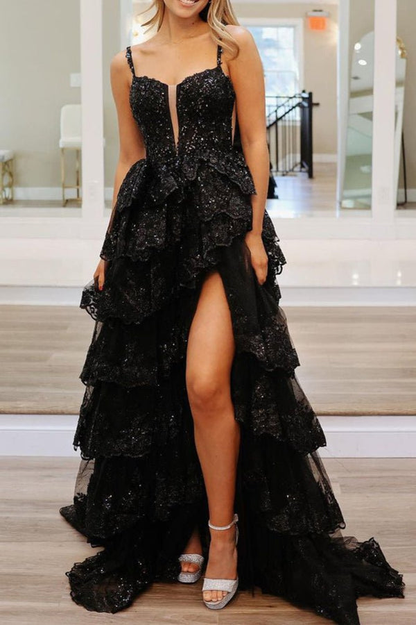 Martha | Straps Fuchsia Sequin Layered Formal Dress with Slit