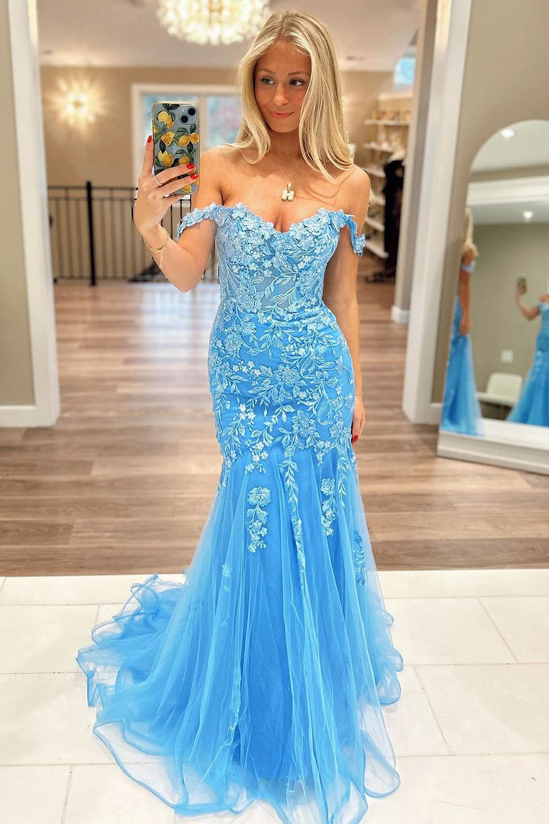 Blue Off the Shoulder Tulle Mermaid Prom Dresses with Appliques