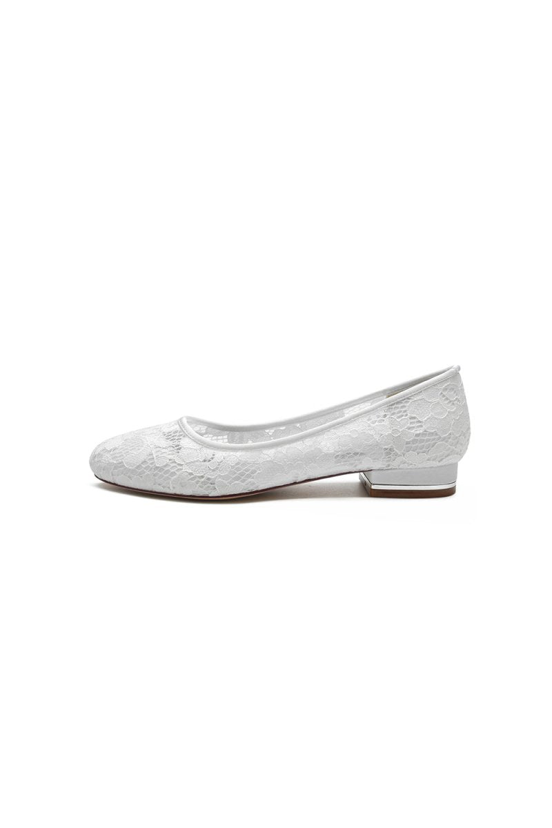 KissProm White Lace Open Toe Flats Bridal Shoes, White / US7