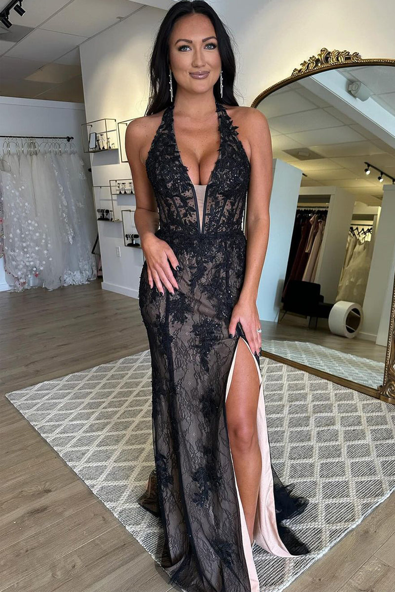 Melissa | Black Halter Lace Appliques Mermaid Long Prom Dresses with Slit