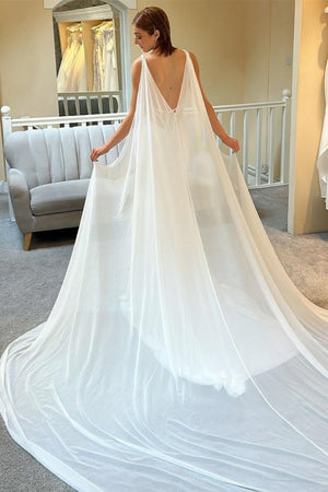 White Plunge V Mermaid Long Wedding Dress with Detachable Cape