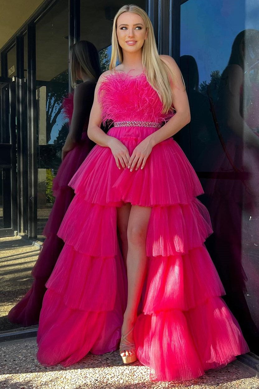 Marie| Fuchsia A-line High-Low Strapless Ruffled Tulle Prom Dress with Feathers
