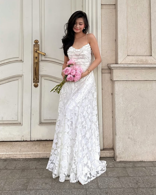 Pink A-Line Lace Floral Spaghetti Straps Long Prom Dresses