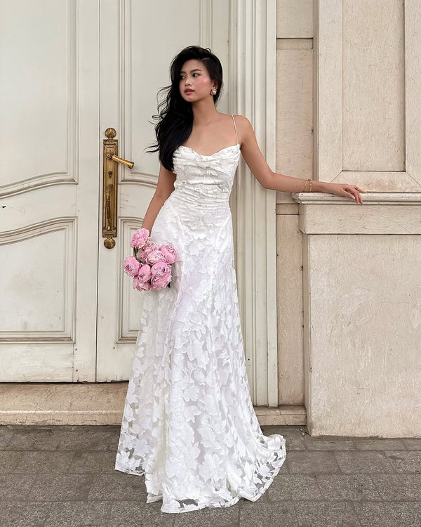 Pink A-Line Lace Floral Spaghetti Straps Long Prom Dresses